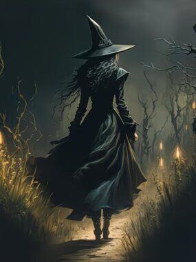 Unframed Canvas Print Witch on Candle Lit Forest Path Dark Academia Gothic